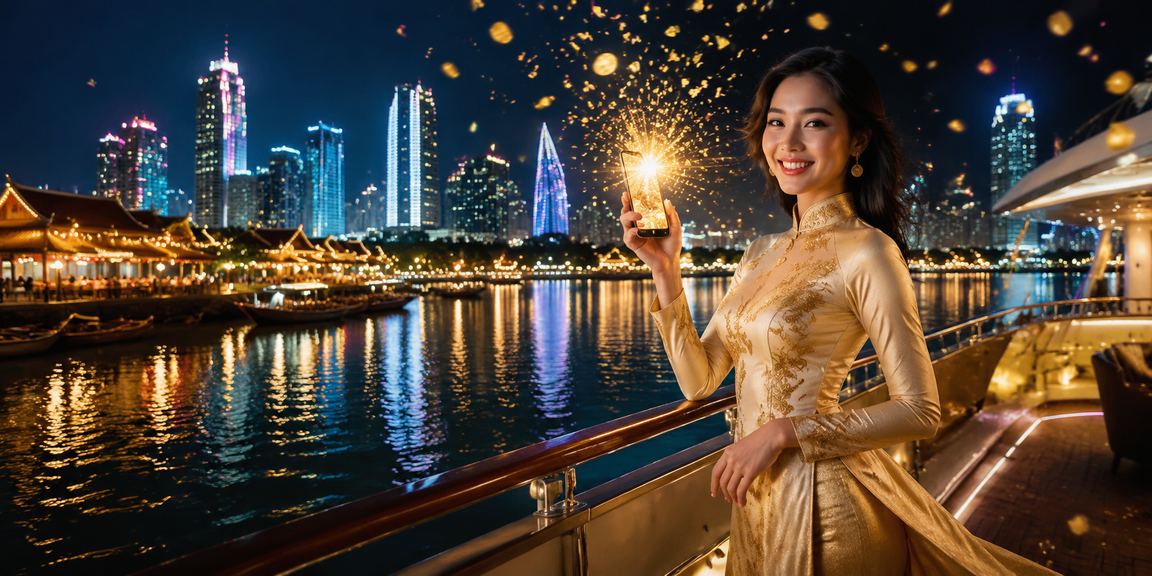 Điện thoại hiển thị giao diện cược trực tuyến 1604 trên nền áo dài truyền thống ở Sapa